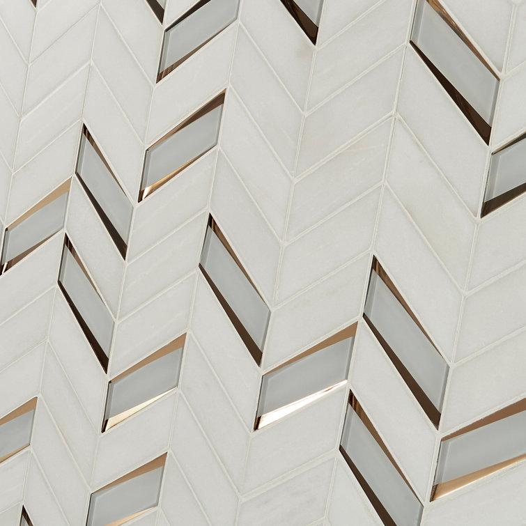 Verona Polished White Marble and Glass Chevron Mosaic Tile