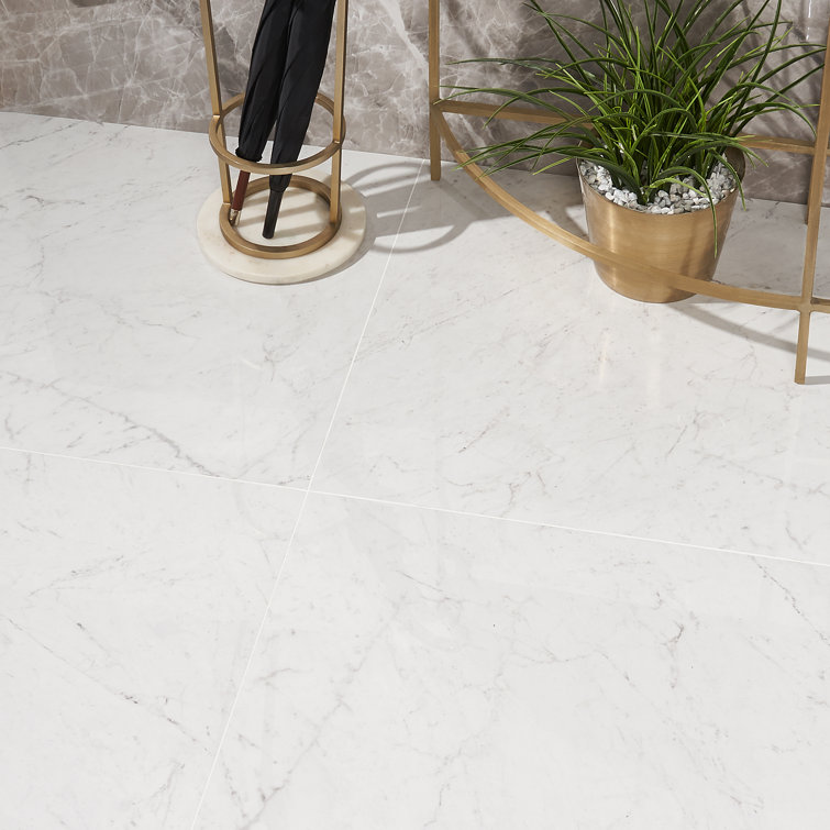 Saroshi 24" x 24" Polished White Marble Look Porcelain Tile