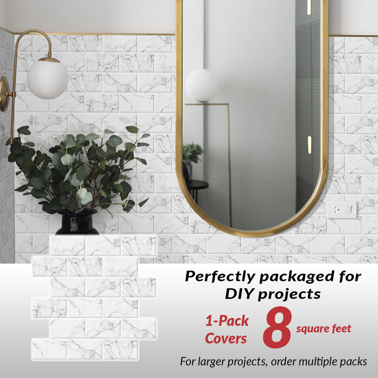 White Marble Subway Peel & Stick Backsplash Tiles, 12x12 inch, 8 Sheets
