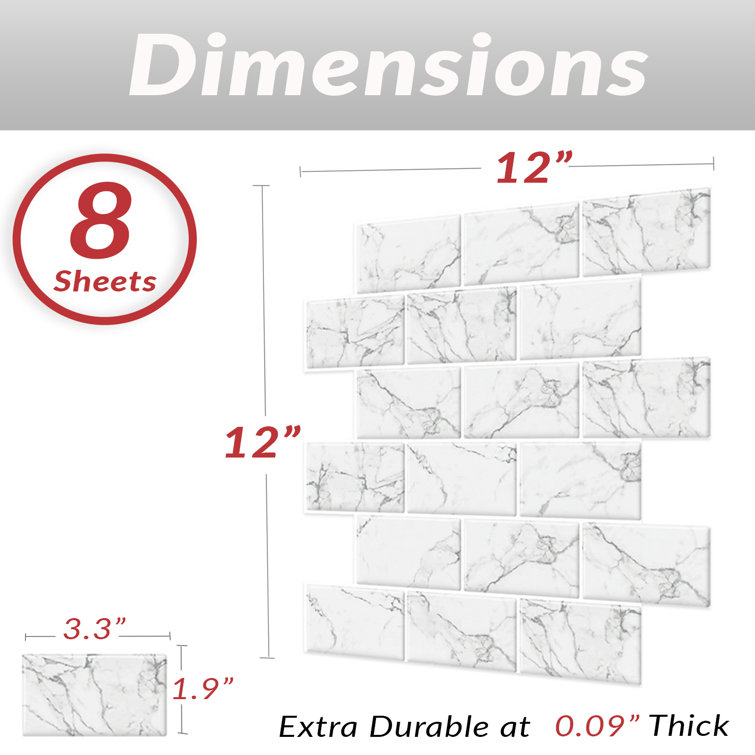 White Marble Subway Peel & Stick Backsplash Tiles, 12x12 inch, 8 Sheets