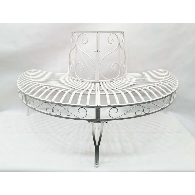 Elegant White Iron Semi-Circle Outdoor Bench