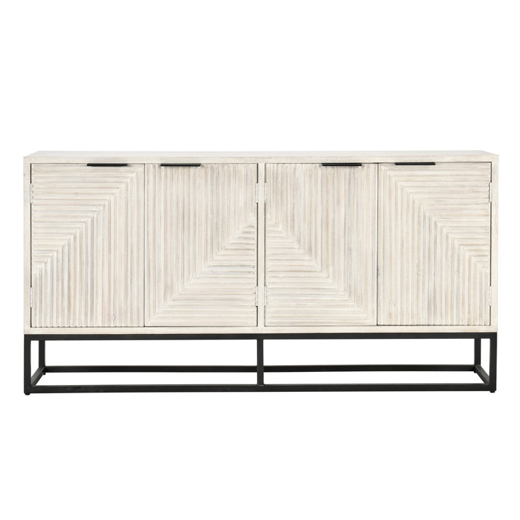 White Wash Mango Wood Sideboard with Geometric Carved Doors