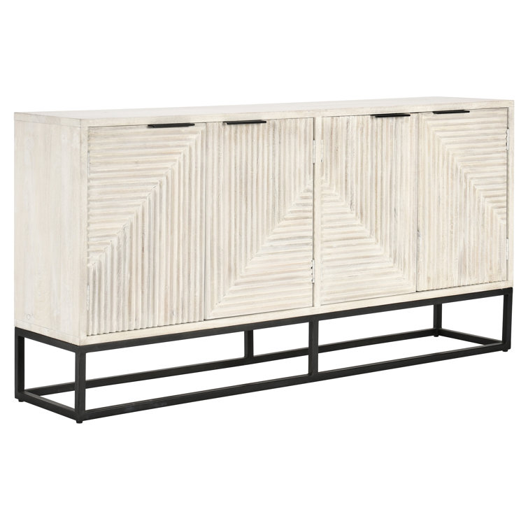 White Wash Mango Wood Sideboard with Geometric Carved Doors