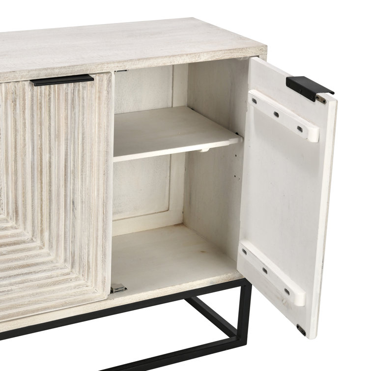 White Wash Mango Wood Sideboard with Geometric Carved Doors