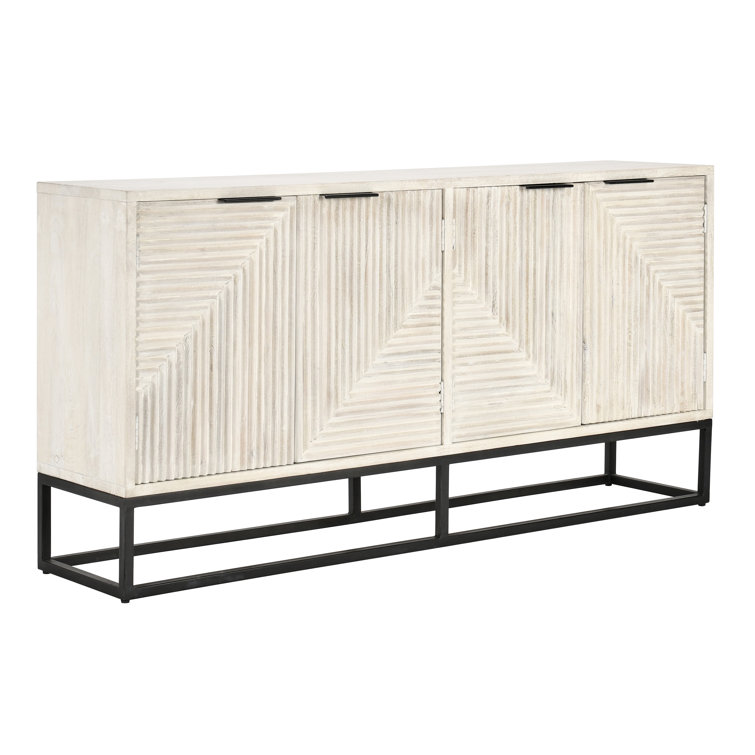 White Wash Mango Wood Sideboard with Geometric Carved Doors