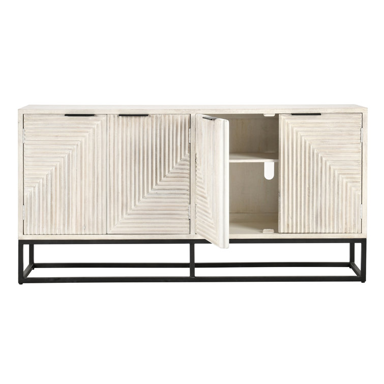 White Wash Mango Wood Sideboard with Geometric Carved Doors