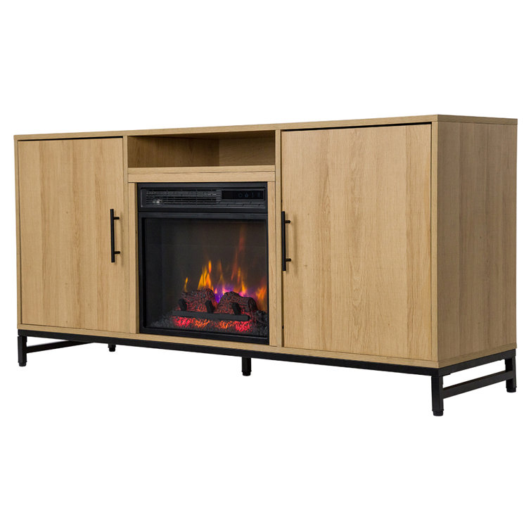 Modern White Oak TV Stand with Electric Fireplace and Cabinets