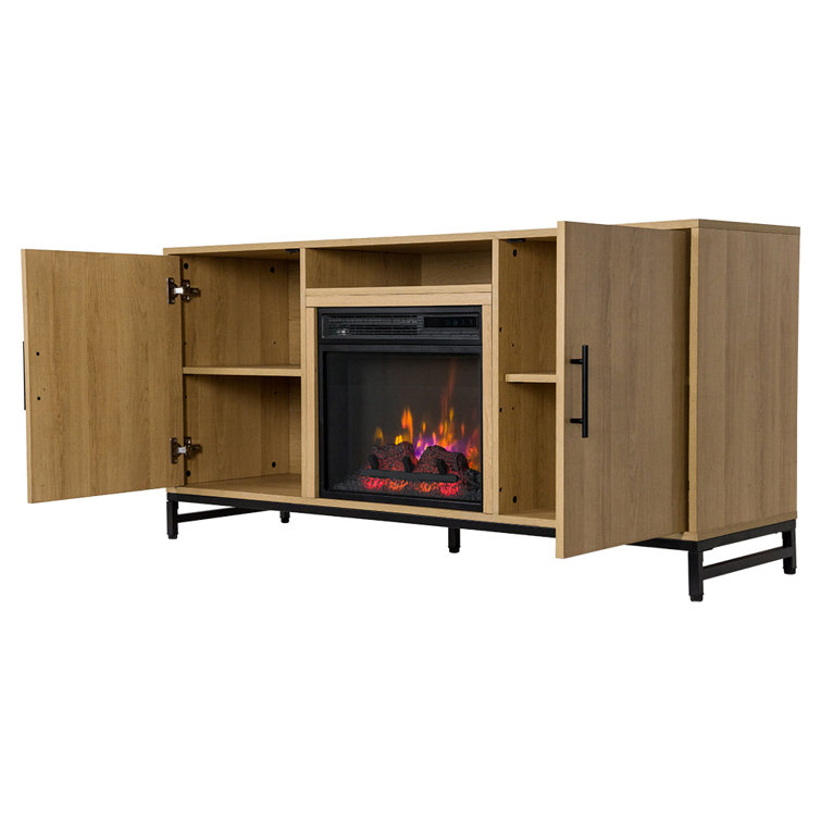 Modern White Oak TV Stand with Electric Fireplace and Cabinets
