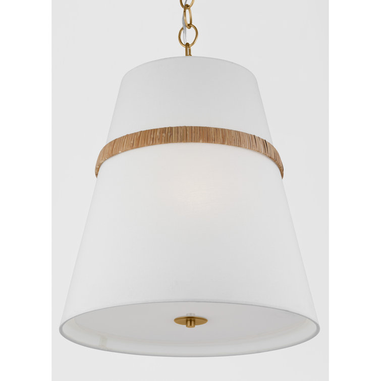 Rattan and White Linen 3-Light Pendant with Glass Diffuser