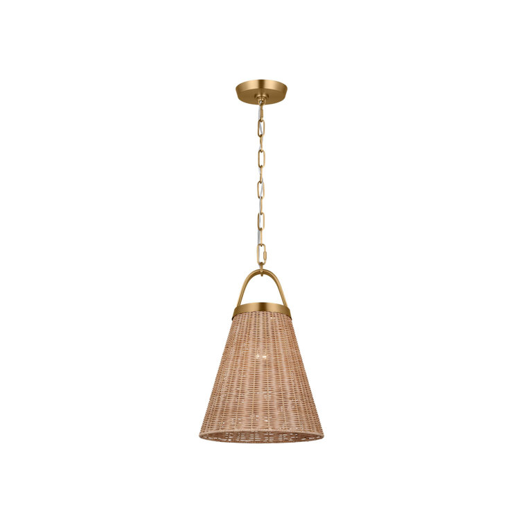 Burnished Brass and Blonde Rattan Conical Pendant Light