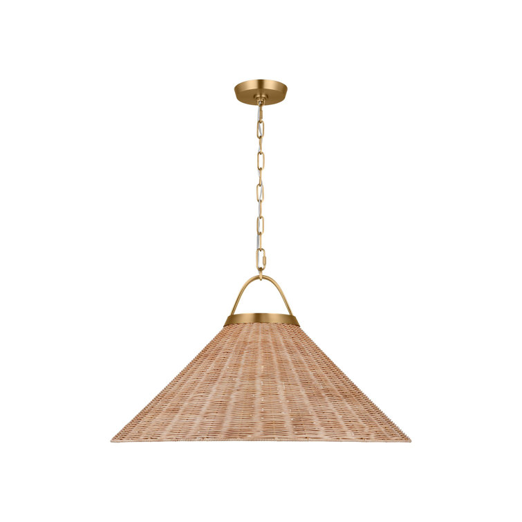 Burnished Brass and Blonde Rattan Conical Pendant Light