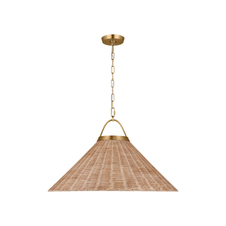Burnished Brass and Blonde Rattan Conical Pendant Light