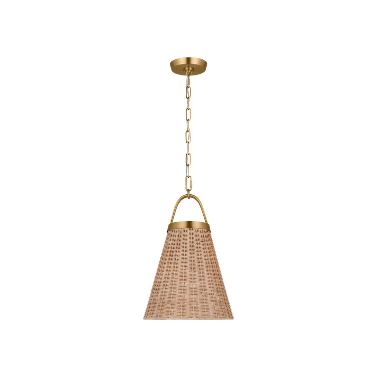 Burnished Brass and Blonde Rattan Conical Pendant Light