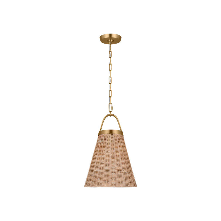 Burnished Brass and Blonde Rattan Conical Pendant Light