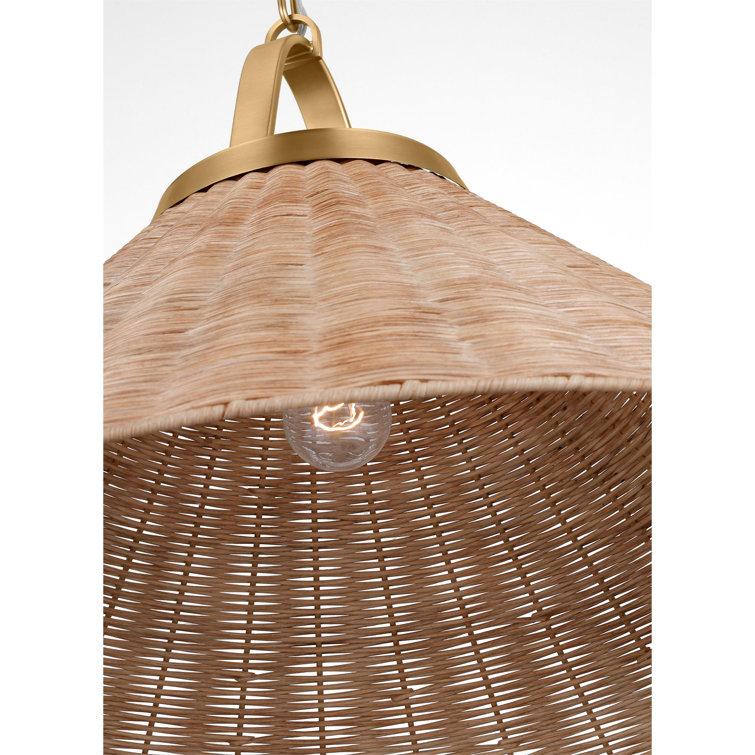 Burnished Brass and Blonde Rattan Conical Pendant Light
