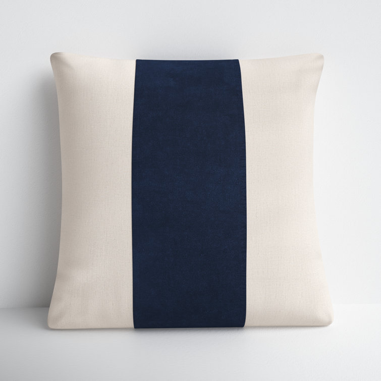 Navy and Ivory Striped Cotton Blend Square Throw Pillow