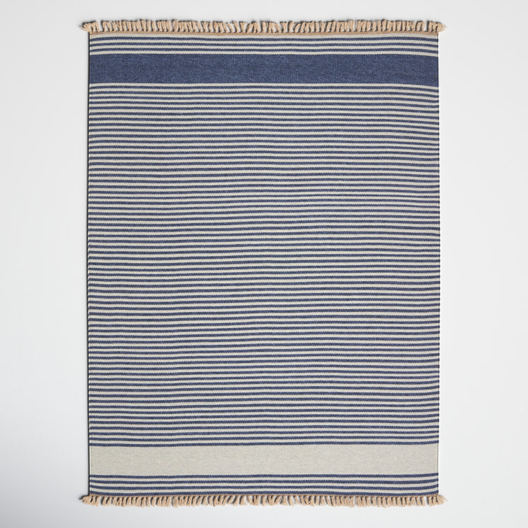 Blue and Beige Handwoven Stripe Synthetic 4' x 6' Rug