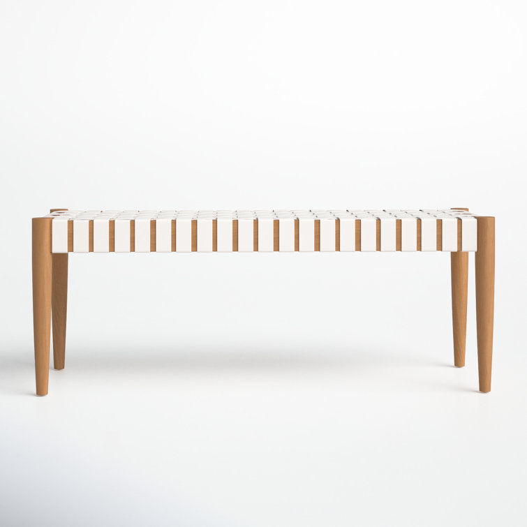 Amalia 47'' Transitional White Leather & Oak Weave Bench