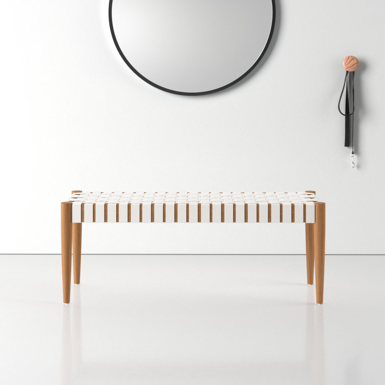Amalia 47'' Transitional White Leather & Oak Weave Bench