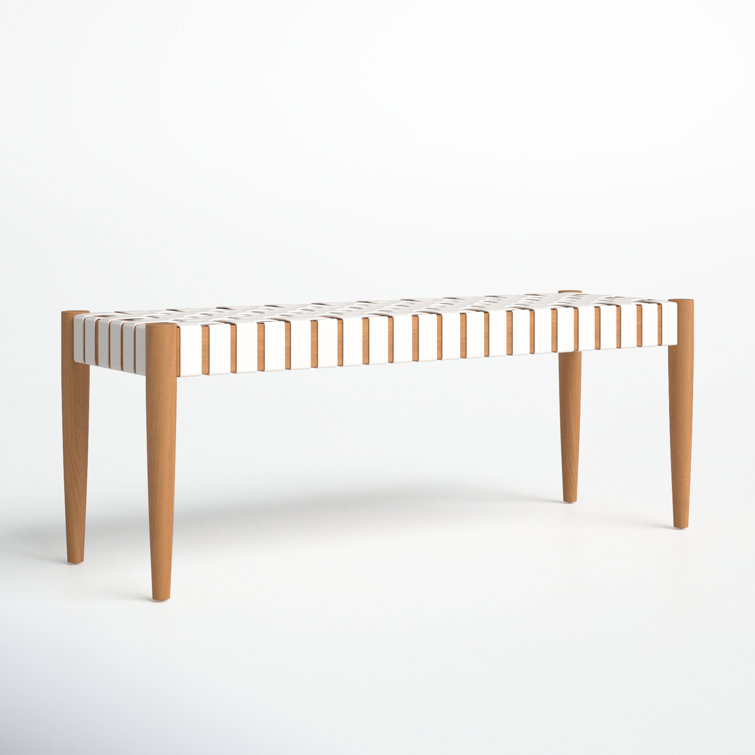 Amalia 47'' Transitional White Leather & Oak Weave Bench