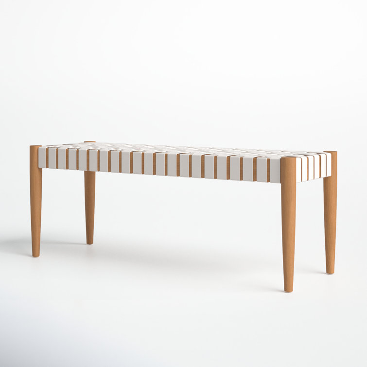 Amalia 47'' Transitional White Leather & Oak Weave Bench
