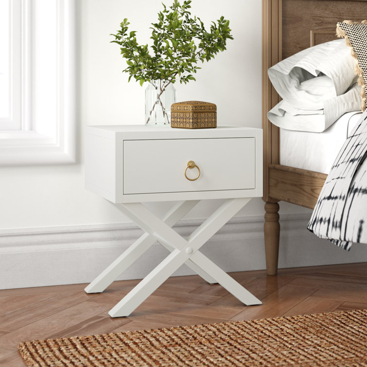 Elin Fresh White and Gold Metallic 1-Drawer Nightstand with X-Design Legs