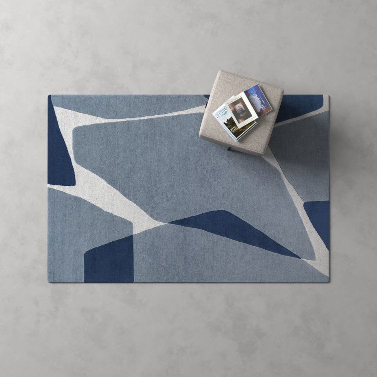 Light Blue and Navy Abstract Handmade Wool Rug, 6' x 9'