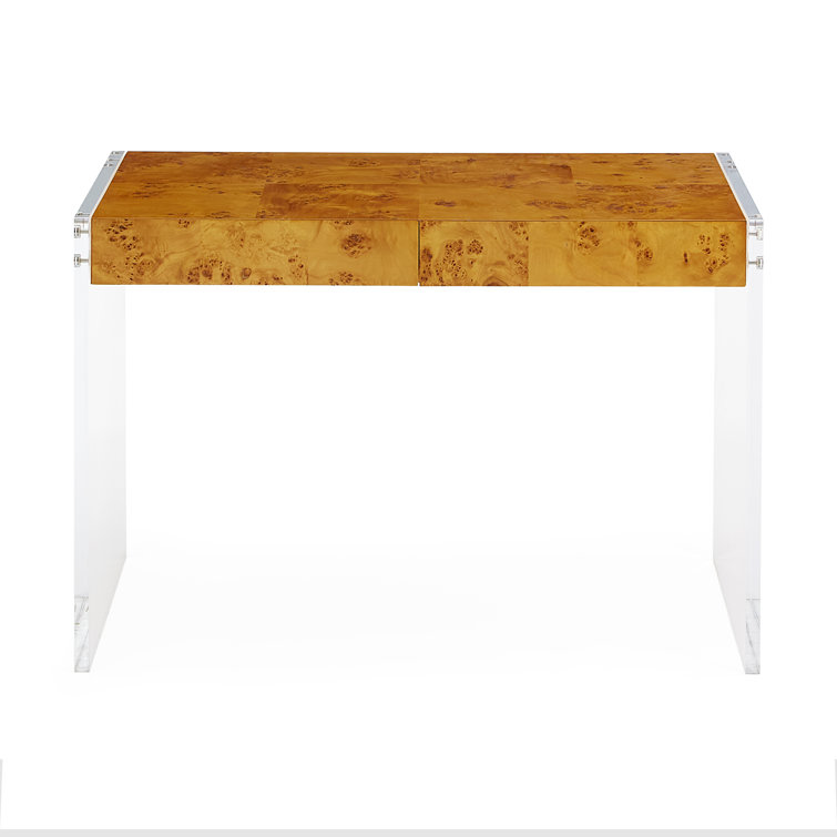 Burled Mappa Wood Desk with Acrylic Legs and Drawer