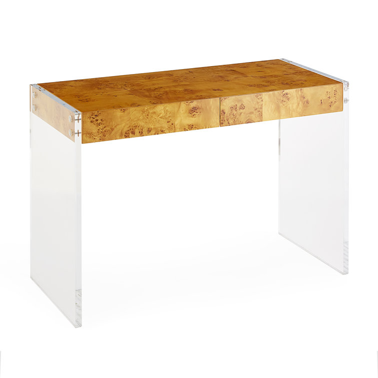 Burled Mappa Wood Desk with Acrylic Legs and Drawer