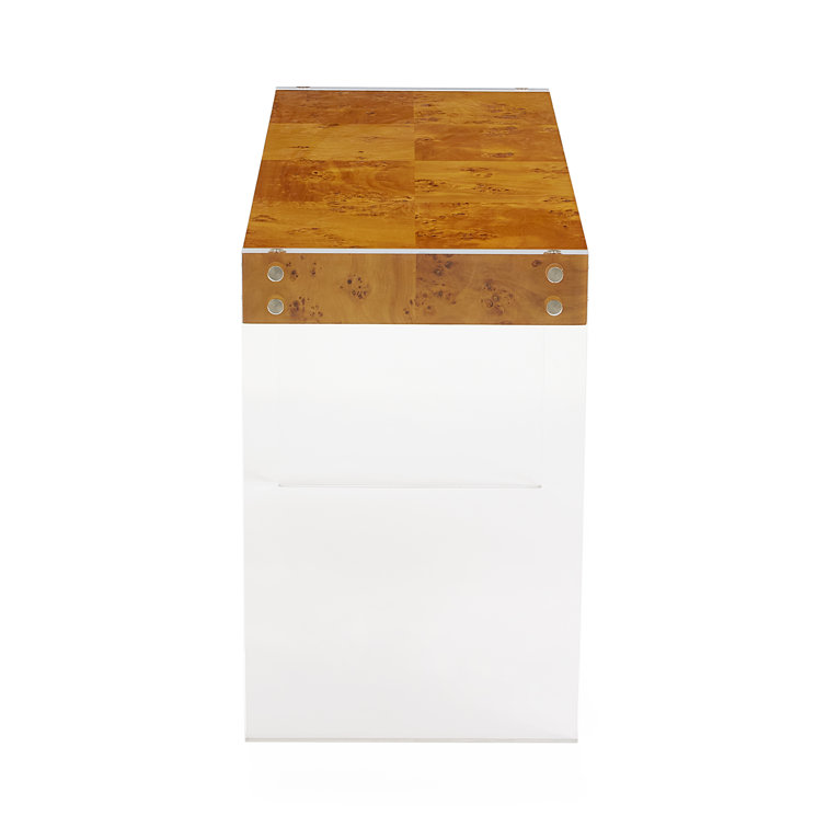 Burled Mappa Wood Desk with Acrylic Legs and Drawer