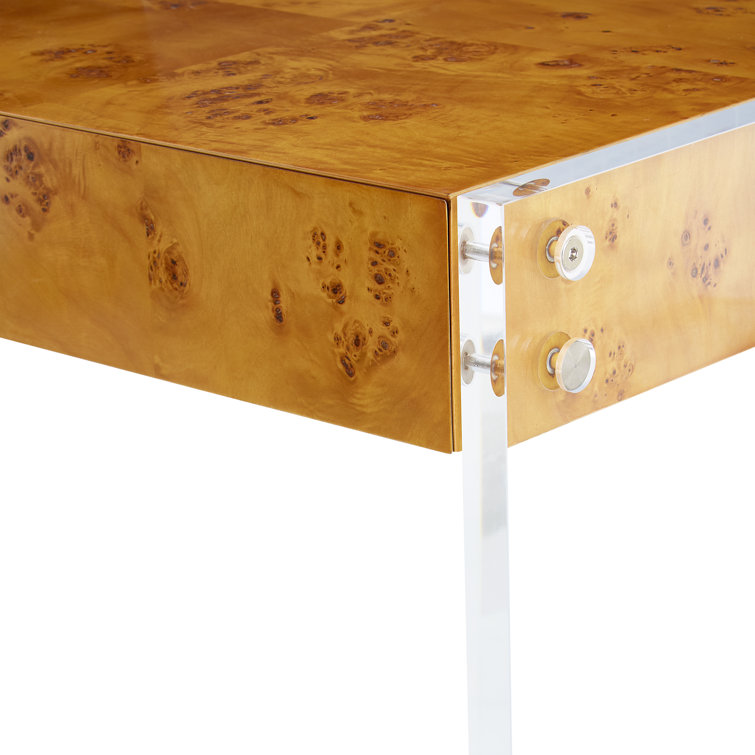 Burled Mappa Wood Desk with Acrylic Legs and Drawer