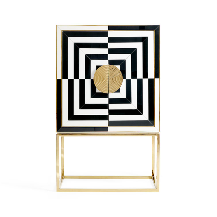 Charcoal and Ivory Glass Paneled Bar Cabinet with Brass Details