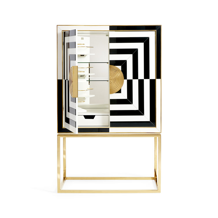 Charcoal and Ivory Glass Paneled Bar Cabinet with Brass Details