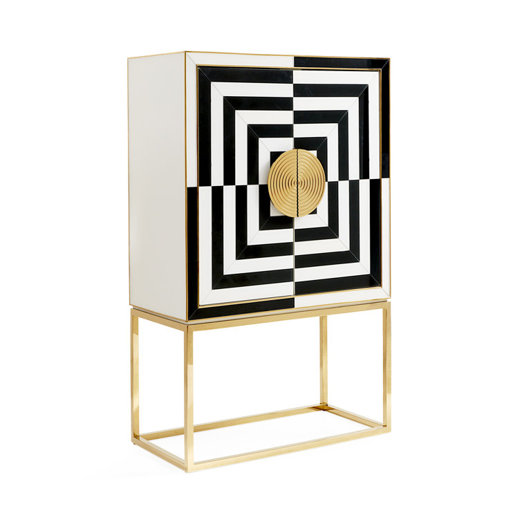 Charcoal and Ivory Glass Paneled Bar Cabinet with Brass Details