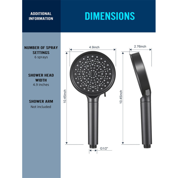 Matte Black Handheld 6-Spray Wall Mounted Shower Head