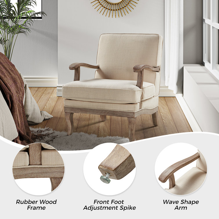 Beige Linen and Wood Handcrafted Armchair