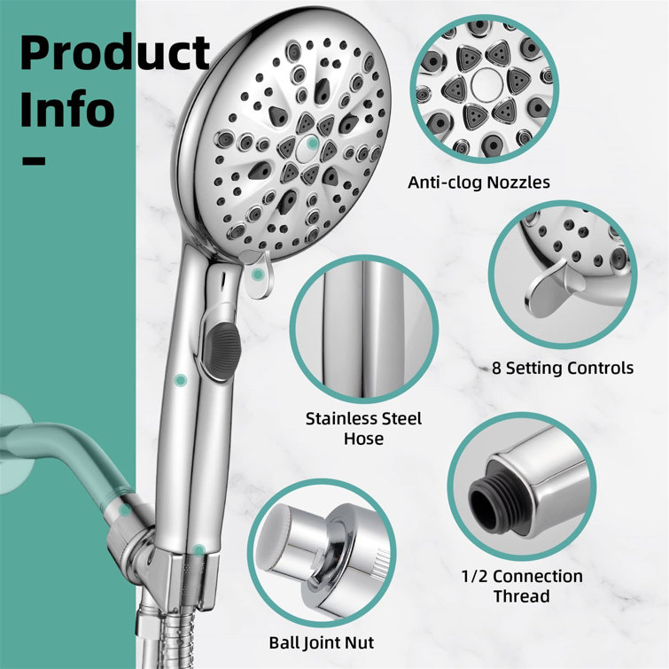 Chrome Handheld Shower Head with Filter and 9 Spray Modes