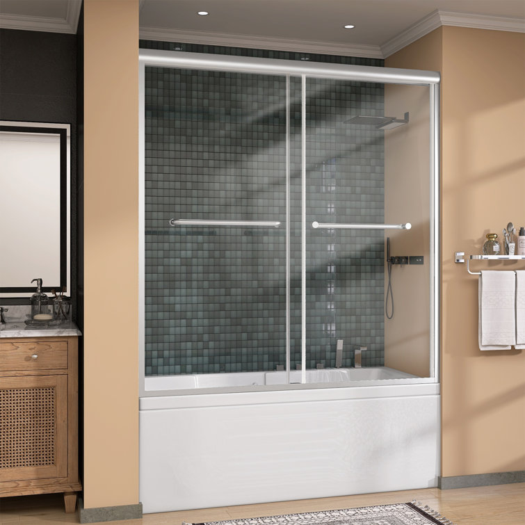Brushed Nickel Semi-Frameless Double Sliding Bathtub Door with Tempered Glass