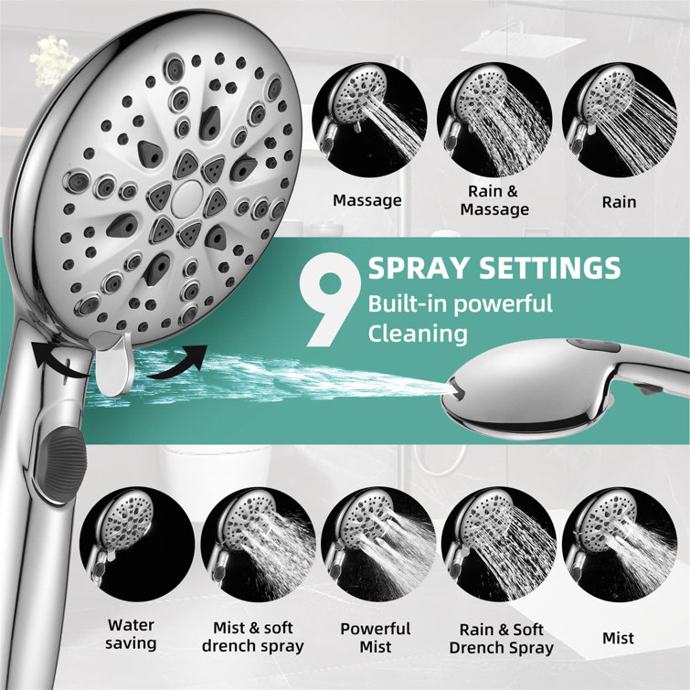 Chrome Handheld Shower Head with Filter and 9 Spray Modes