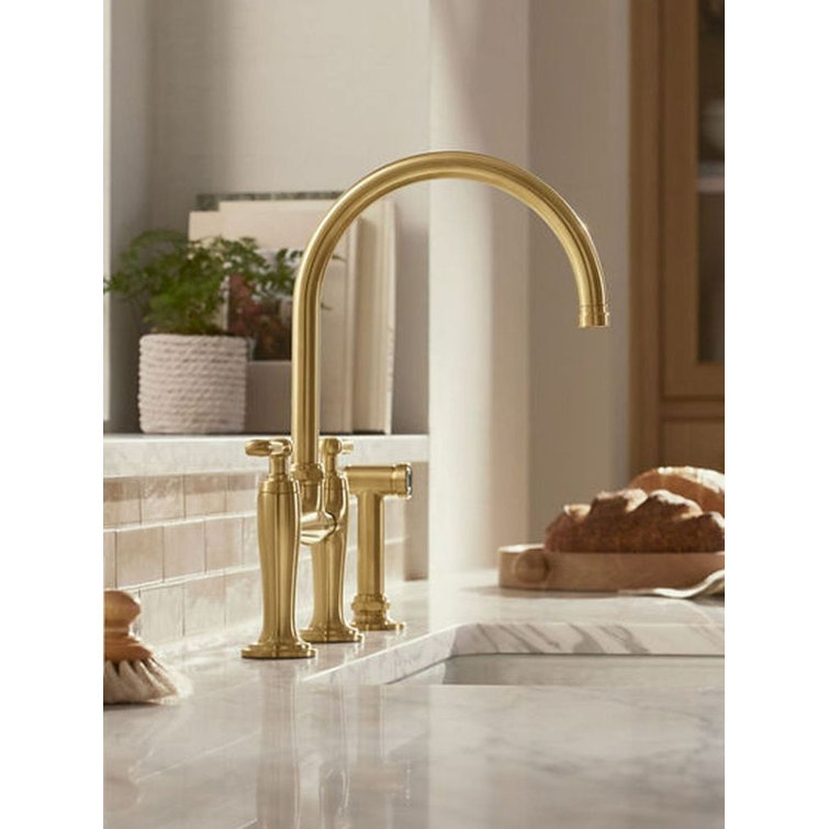 Edalyn Vibrant Brushed Moderne Brass Kitchen Faucet with Side Sprayer