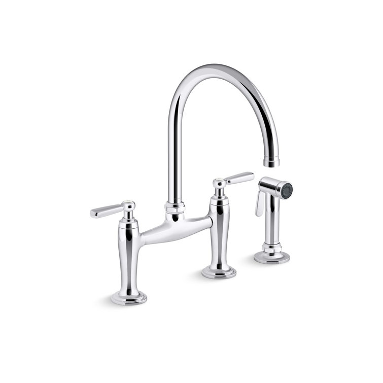 Edalyn Polished Chrome Two-Hole Bridge Kitchen Faucet with Side Sprayer