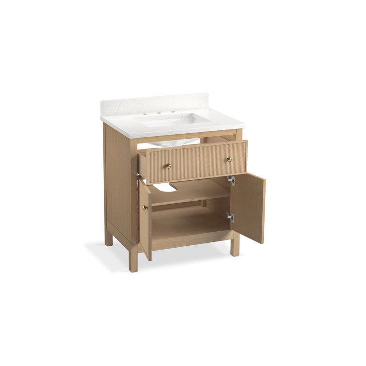 White Oak Freestanding Bathroom Vanity with Quartz Top