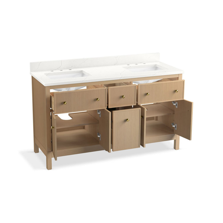 White Oak Double Freestanding Vanity with Quartz Top