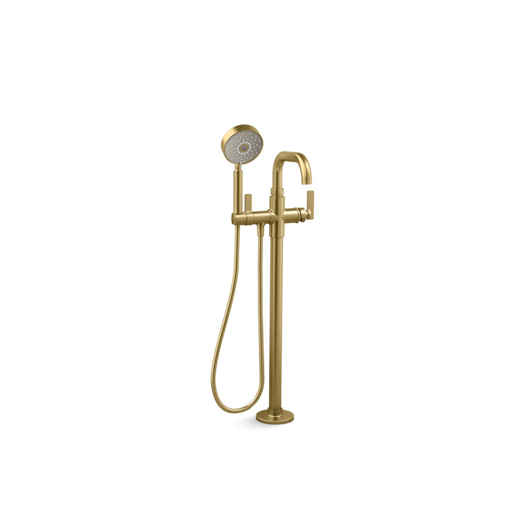 Vibrant Brushed Moderne Brass Floor-Mount Bath Filler with Handshower