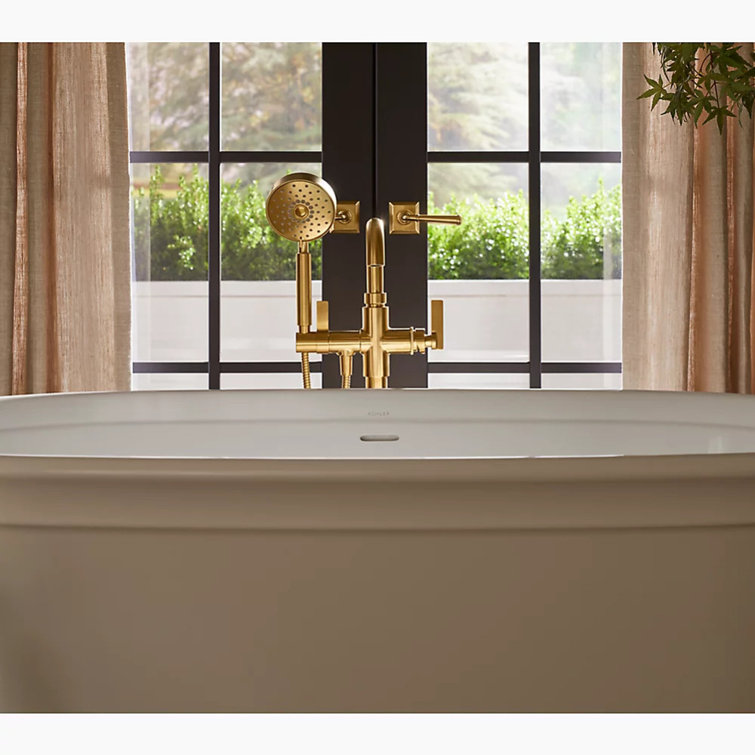 Vibrant Brushed Moderne Brass Floor-Mount Bath Filler with Handshower