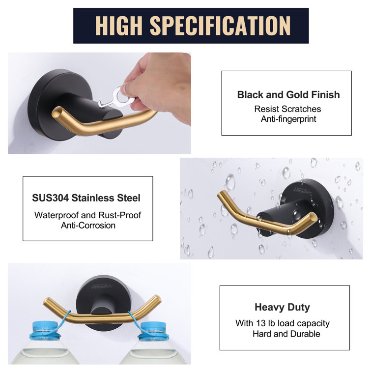Matte Black and Gold Stainless Steel Wall Mounted Towel Hook Set