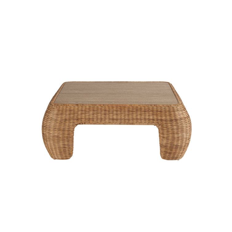 Natural Rattan Square Coffee Table with Travertine Top