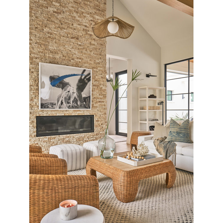 Natural Rattan Square Coffee Table with Travertine Top