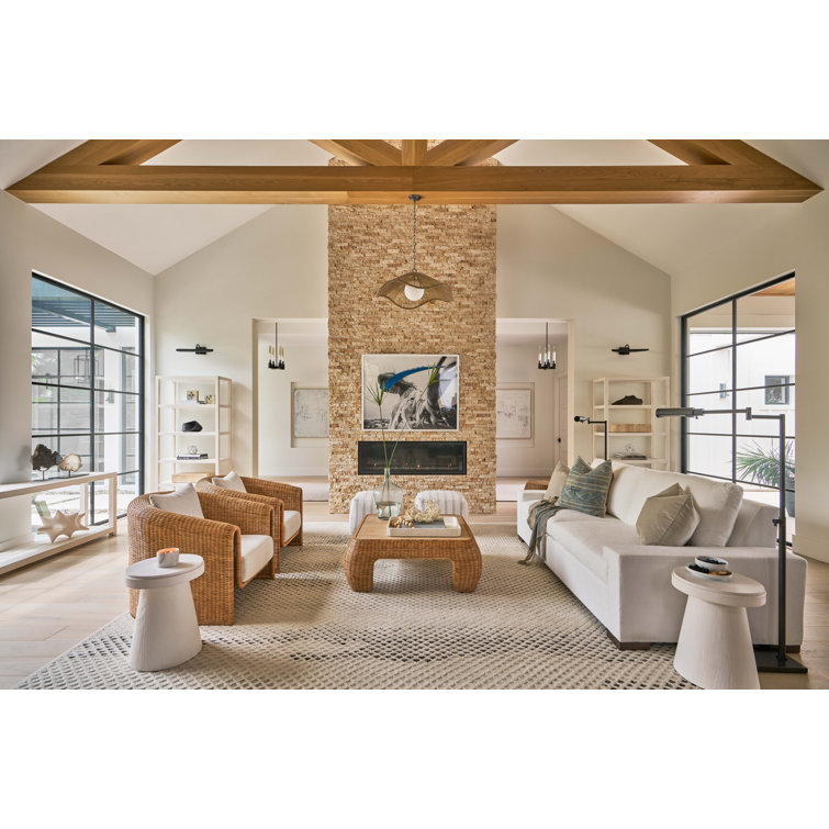 Natural Rattan Square Coffee Table with Travertine Top