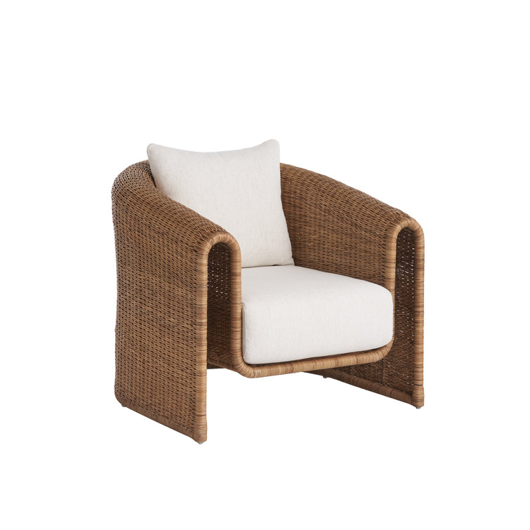 Natural Rattan Barrel Lounge Chair with White Cushions